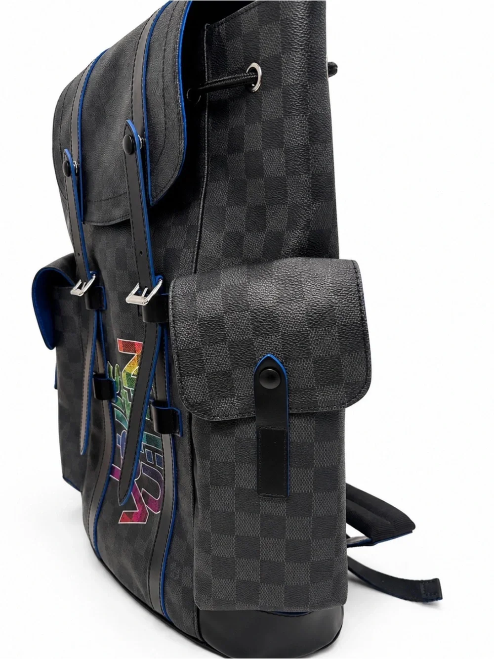 Louis Vuitton Christopher PM Backpack in Damier Graphite with Rainbow Logo.